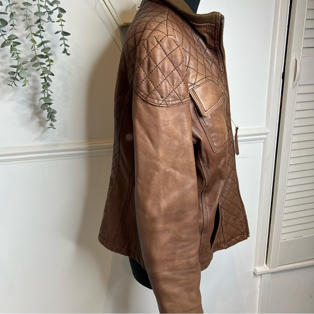 Michael kors brown tan leather with wool collar aviation style bomber jacket xl - Picture 3 of 12